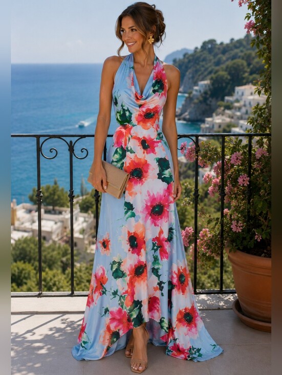 ADE' Dresses & Skirts - ADE' Floral Halter Asymmetric High Low Maxi Dress Size 6 Baby Blue Pink